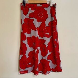 H&M| Vibrant Red & Tan Floral A-Line Midi Lined Silky Skirt Sz 4